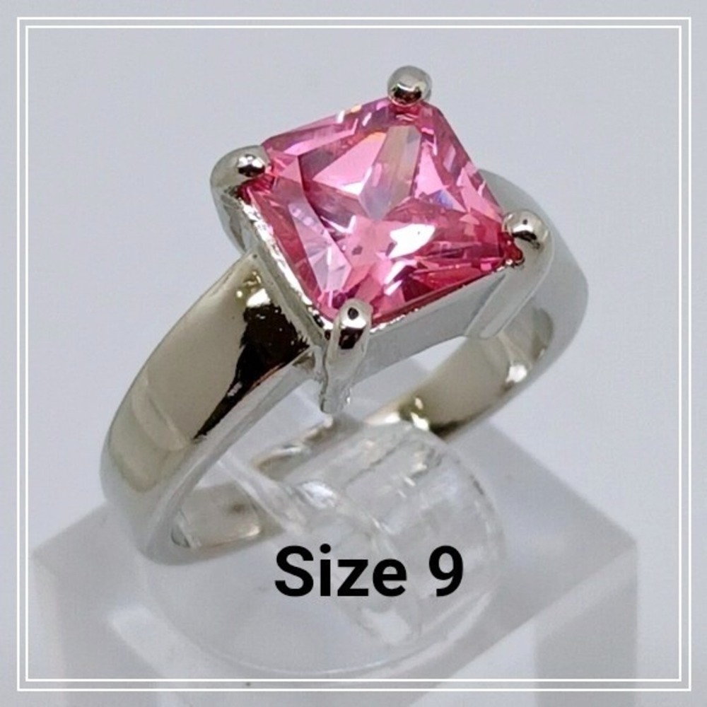 Pink Princess Cut Stone Silver Tone Wide Band Statement Ring Size 9
